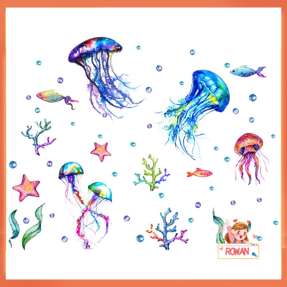 R-flower Ocean Jellyfish Wall Stiker Kamar Tidur Anak Rumput Laut/Bintang Laut/Gelembung Vinyl Bawah Laut Dekorasi Rumah