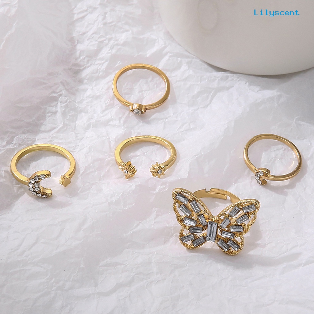 [LS]5 Pcs Cincin Buku Jari Kupu-Kupu Bulan Bintang Perhiasan Dapat Ditumpuk Berlian Imitasi Cincin Jari Perhiasan Aksesoris