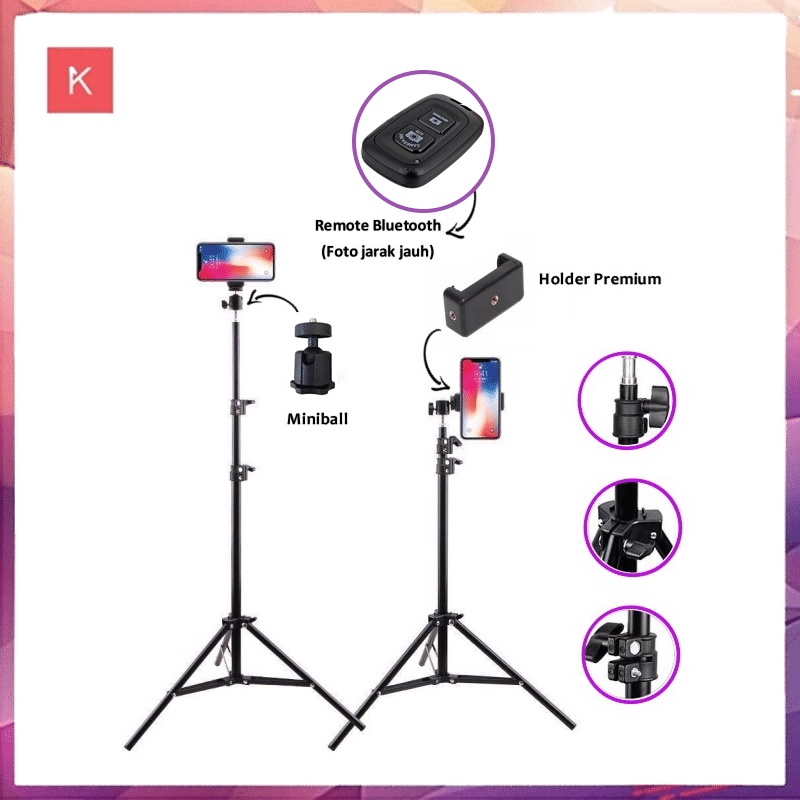 ANG Tripod Handphone 2 Meter Besi Plus Mini ball head Holder Hp Tomsis Remote Bluetooth