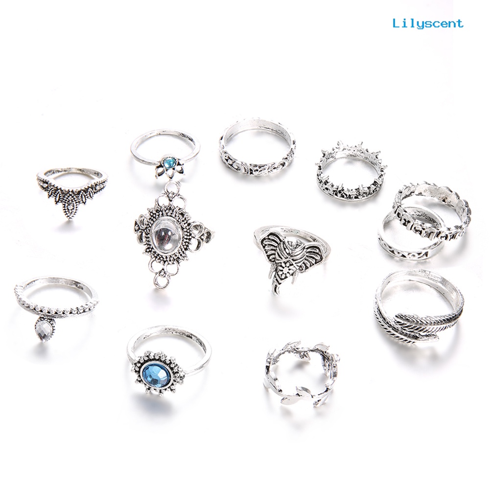 [LS]12Pcs Wanita Vintage Boho Faux Gemstone Rhinestone Perhiasan Berlian Imitasi Knuckle Susun Rings