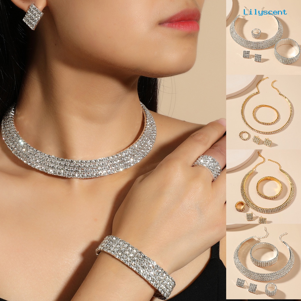 [LS] 4pcs/set Rantai Ekstensi Kalung Anting Gelang Cincin Adjustable Multi Baris Berlian Imitasi Penuh Wanita Choker Kalung Set Perhiasan Aksesori