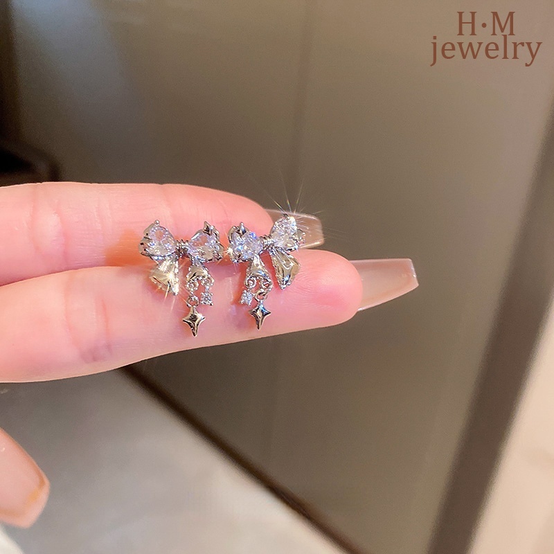 Starry Bright Bow AAA Zircon Stud Earrings Anting Gaya Keren Manis