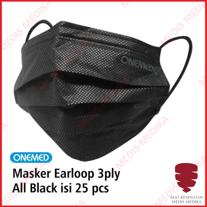 Masker All Black Isi 25 Onemed 3ply  Earloop Face Mask Disposable Bedah Karet Telinga Debu Motor Medis