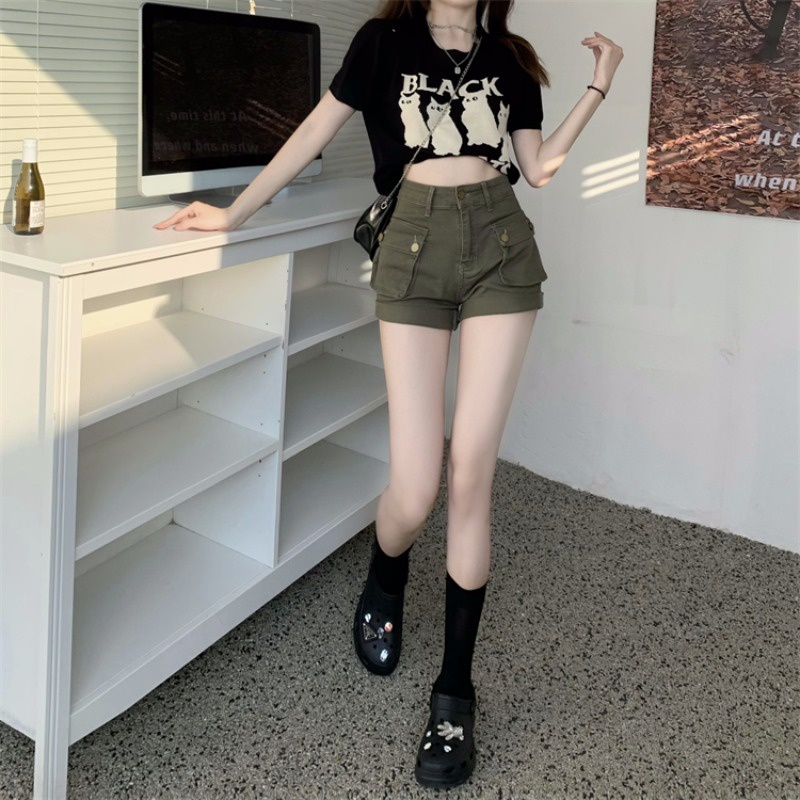 ┇✑☍Suhao Hijau Tentara Perkakas Digulung Tepi Denim Celana Pendek Wanita Musim Panas Hot Girls Celana Tinggi Pinggang Ramping dan Kecil Lebar kaki Celana Trendi