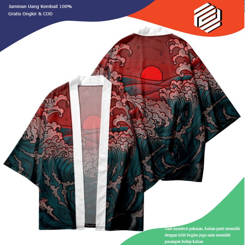 Kimono Summer Loose Japanese Fashion Wave Printed Kimono Streetwear Cardigan pria wanita