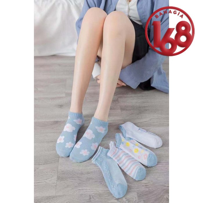 Kaos Kaki Wanita Motif Bunga Biru Renda Garis Korea Semata kaki