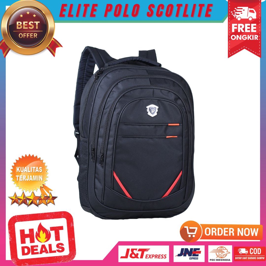 Backpack Sekolah Kerja Model Elite Polo Scotlite Ransel Bahan D300 Murah Free Raincover Tas Punggung Laptop Warna Hitam List Merah