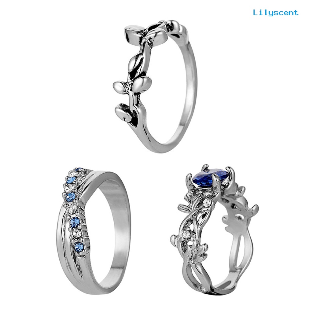 [LS]3Pcs Wanita Cincin Bunga Perhiasan Permata Imitasi Bersinar Stackable Knuckle Rings Untuk Pesta Perjamuan Prom