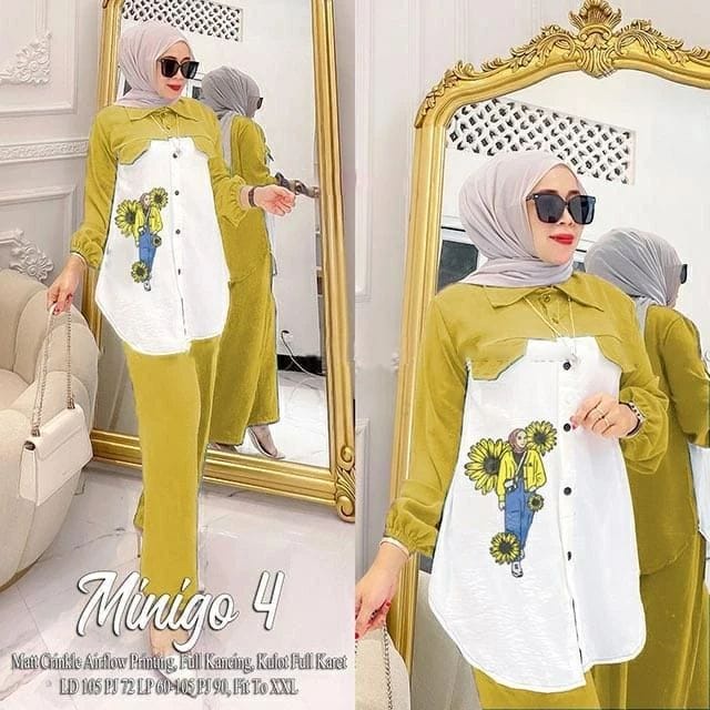 Stelan Crinkle Terbaru Minigo Set Baju Kemeja Wanita Setelan Celana Panjang One Set Jumbo Aplikasi Sablon Setelan Wanita Kekinian