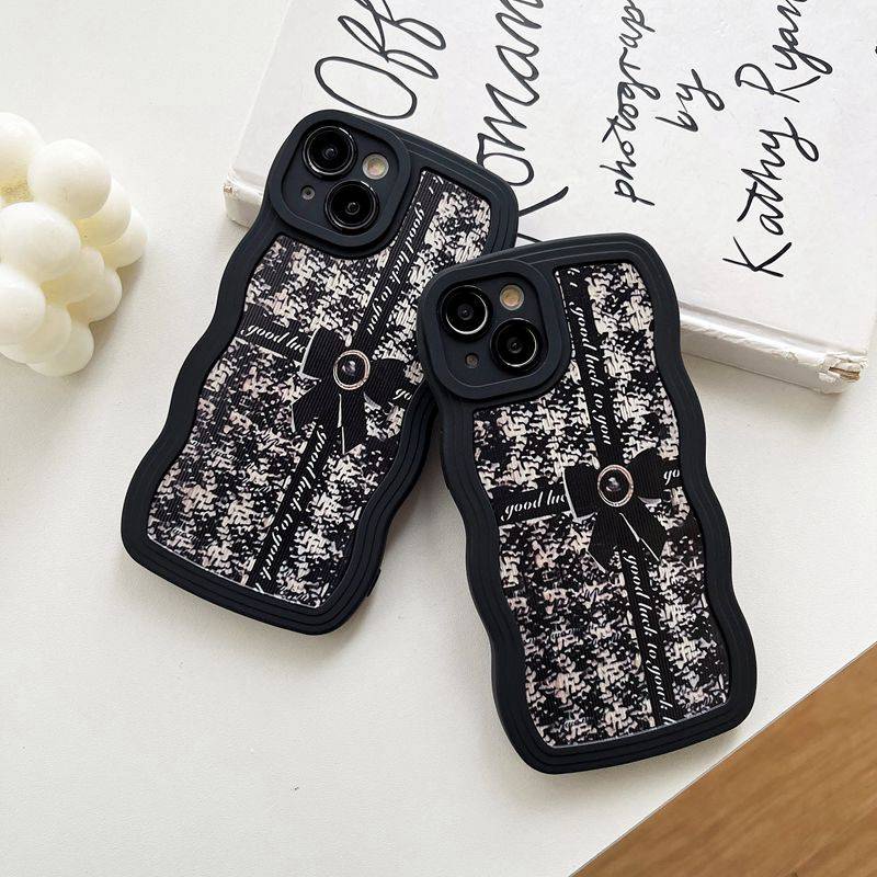 Houndstooth Bowknot Wave Soft Case iP iPhone 6 6S 7 8 14 + Plus SE 2020 X XR XS Max 11 12 13 Pro Max Black Casing Apple