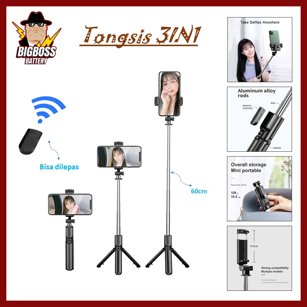 Tongsis Tripod Bluetooth 3 In 1 dengan remote control Portable Flexible Selfie Stick 360º