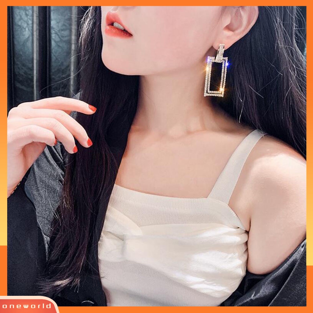 [WONE] Wanita Berlian Imitasi Bertatahkan Berongga Persegi Panjang Menjuntai Telinga Stud Anting Perhiasan Hadiah