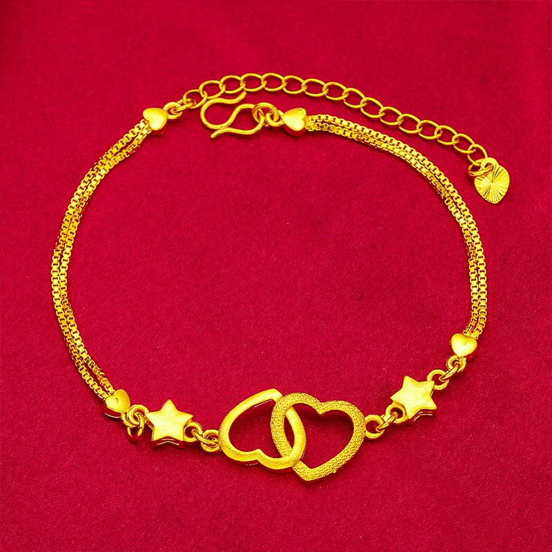 Goldkingdom Perhiasan Fashion Emas Asli Kadar 375 Bangkok Aksesoris Ready Stock Wanita Cinta Ganda Baru Gelang Lima Bintang Ultra Tipis Gelang