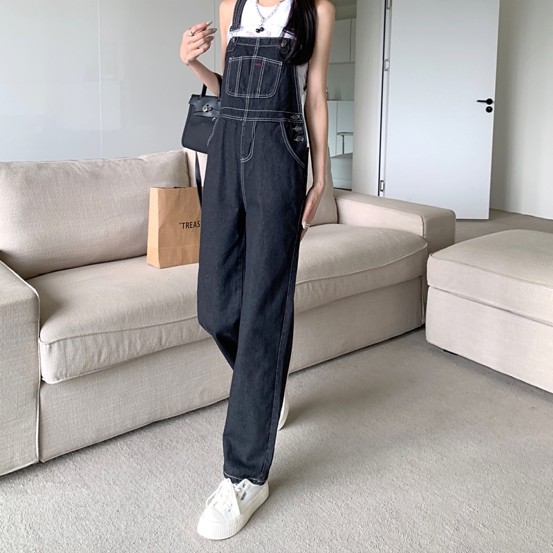 Overall Biru Kaki Lebar Longgar Pinggang Tinggi Gaya Korea Wanita---Kelabu Hitam Celana Kodok Jeans Wanita