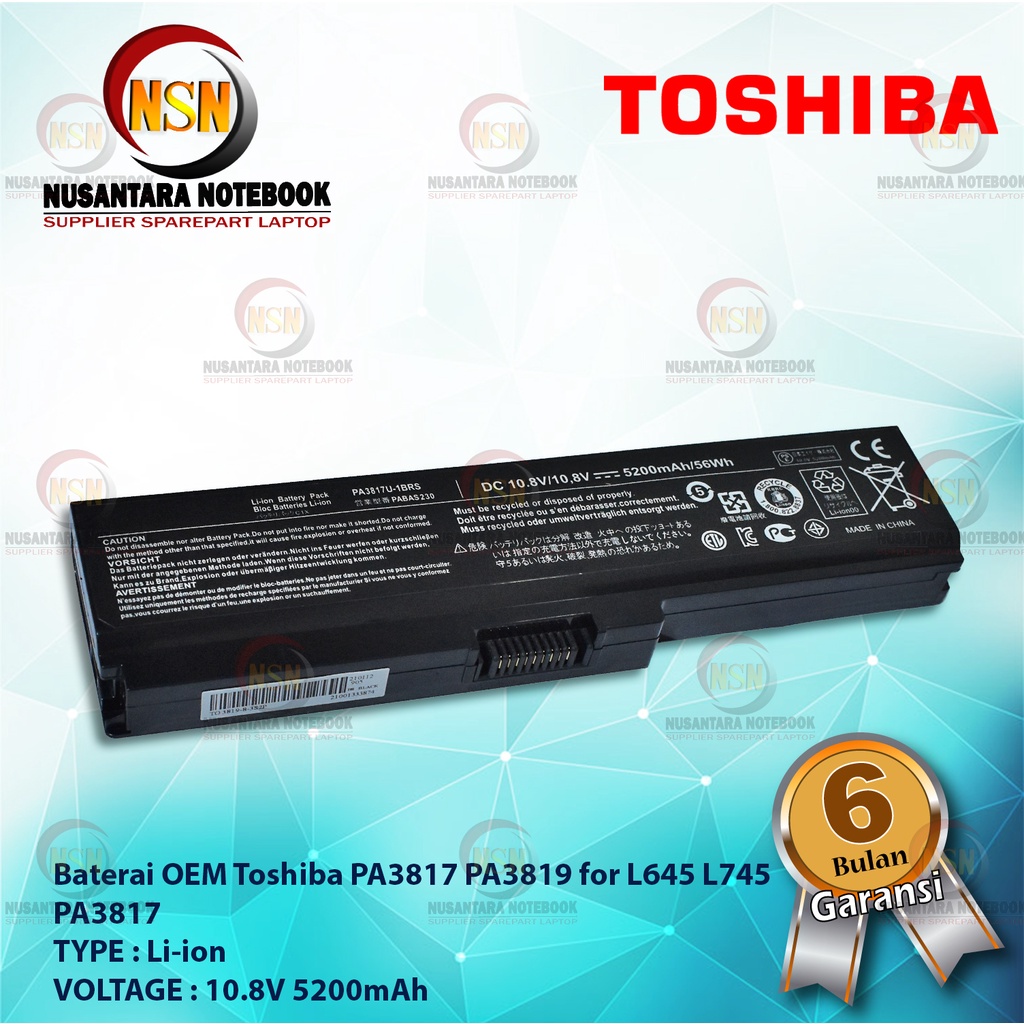 Baterai Toshiba NB200 NB201 NB202 NB250 PA3733 PA3734 OEM 11.1V 5200mAh