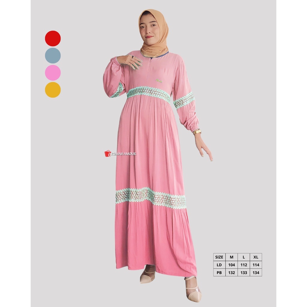 Gamis Wanita Rayon Twill Polos LD 110 Dress Ibu Jumbo Renda Dada Dewasa Pink Terbaru Baju Gamis Ibu-
