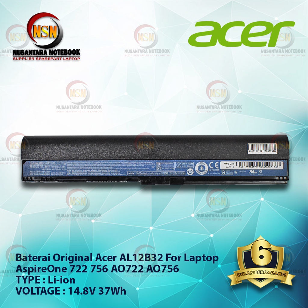 Baterai Original Acer AL12B32 For Laptop AspireOne 722 756 AO722 AO756 V5-171