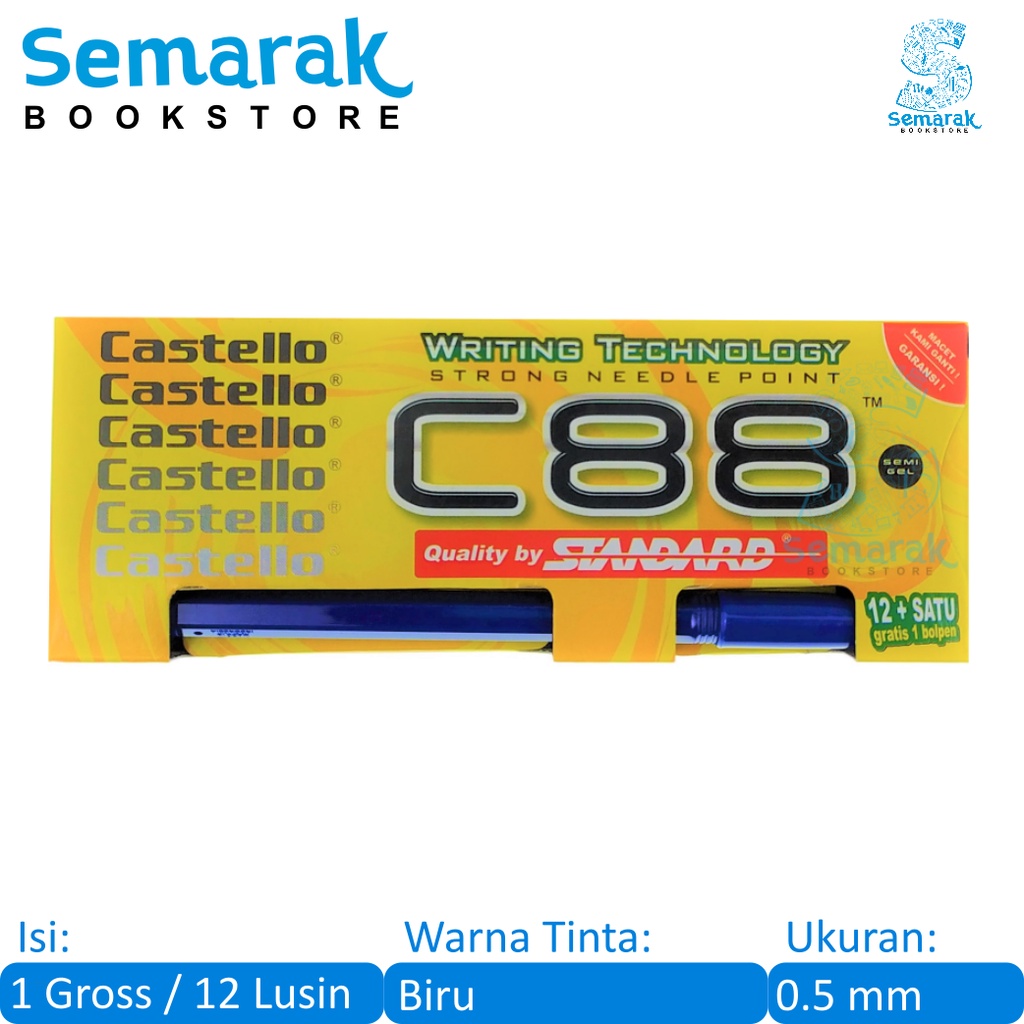 

Standard Castello C88 Pulpen Semi Gel 0.5 - Biru [1 Gross / 12 Pack / 144 Pcs]