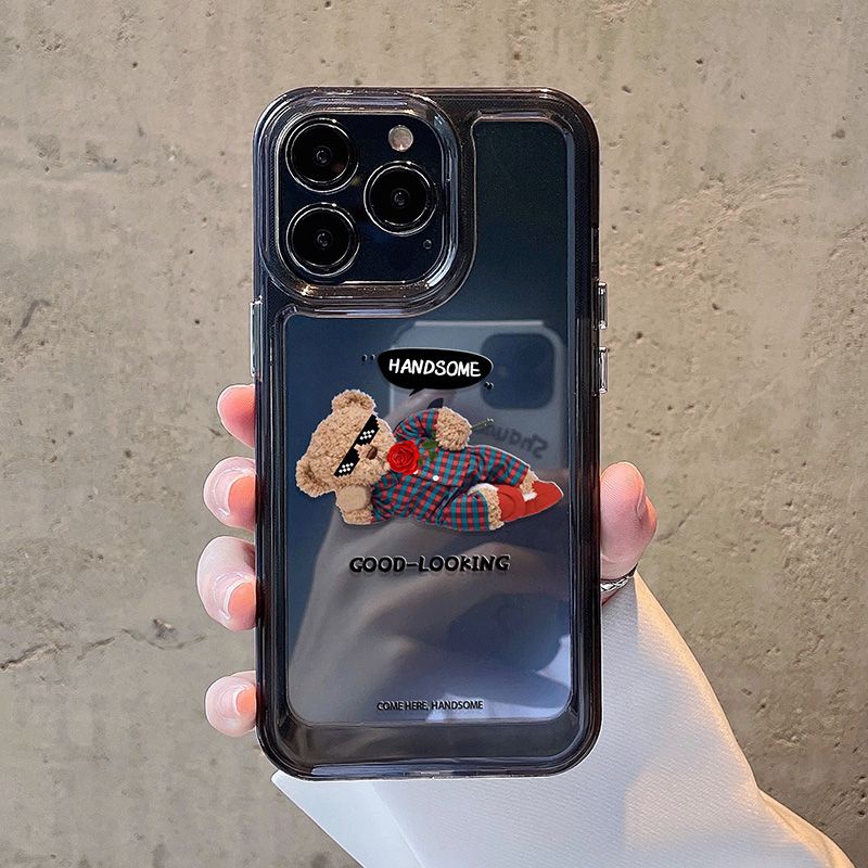 IPHONE Setelan Ganteng Beruang Shockproof Soft Phone Case Tahan Guncangan Kompatibel Untuk Iphone13 14 11 12 Pro XS Max X XR 78 6 6S Plus Casing Transparan TPU Cover