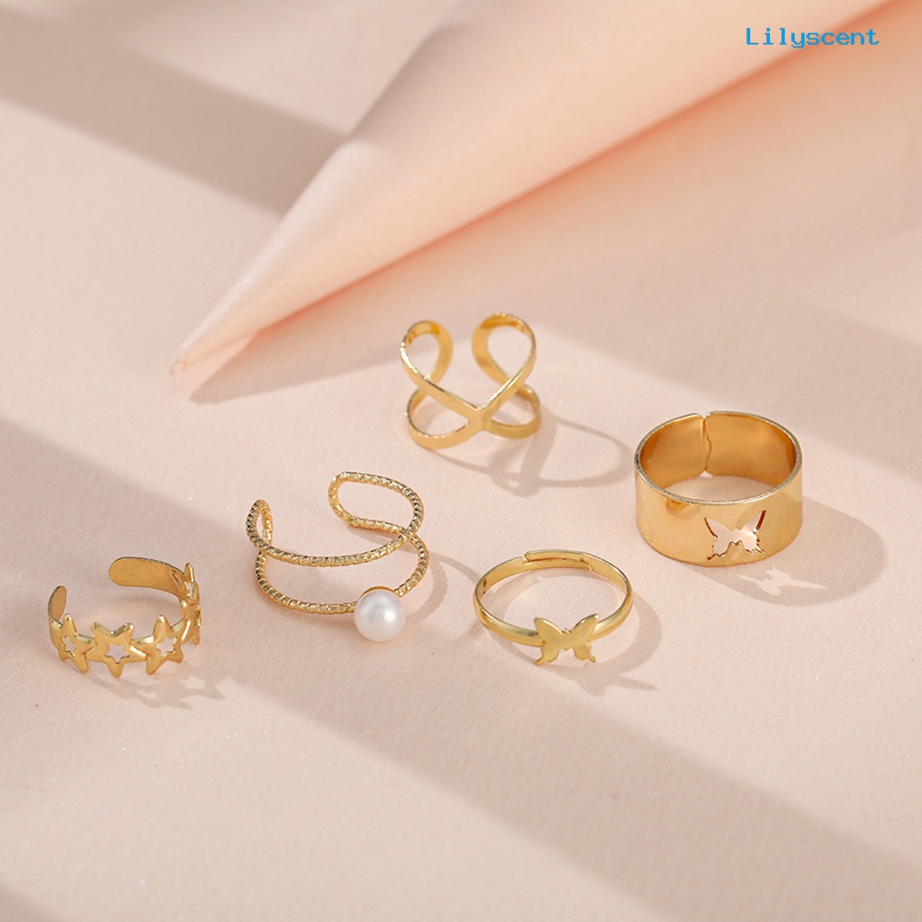 [LS]5Pcs Cincin Jari Melubangi Bintang Kupu-Kupu Perhiasan Vintage Stackable Rings Untuk Pakaian Sehari-Hari