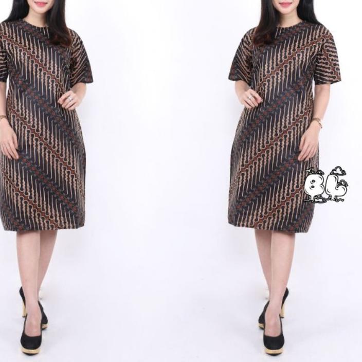 Baru BAJU DRESS WANITA MODERN MODEL MOTIF BATIK LENGAN PENDEK SELUTUT PARTY NATAL SERAGAMAN KARYAWAN