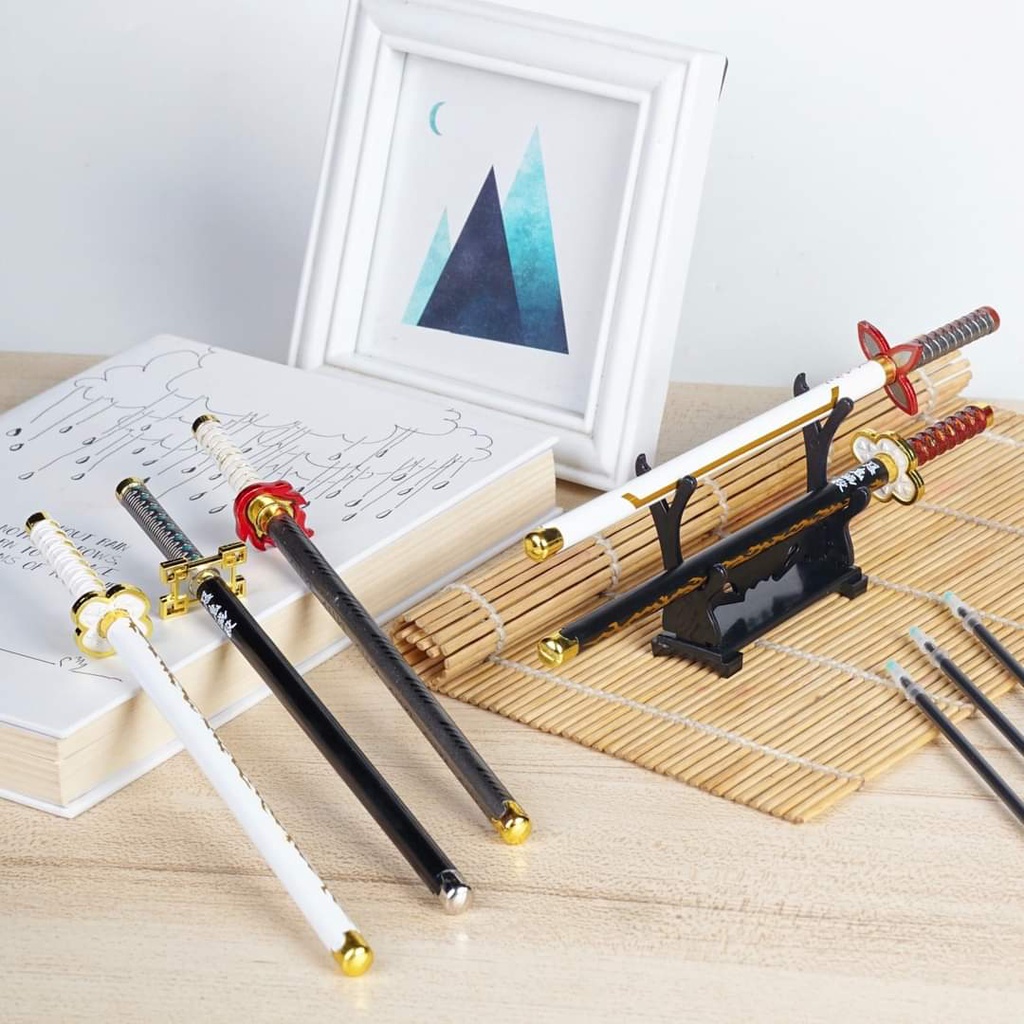 

Sword pen pulpen anime demon slayer Zenitsu Tanjiro kimetsu no yaiba pena alat tulis panjang 20cm gratis stand dan tinta