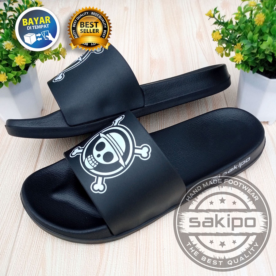 PROMO 1.1 MANTUL SALE !! SANDAL DISTRO KEREN KEKINIAN PRIA DEWASA REMAJA SLIDE HITAM MOTIF TENGKORAK LUFFI ONE PEACE / SAKIPO