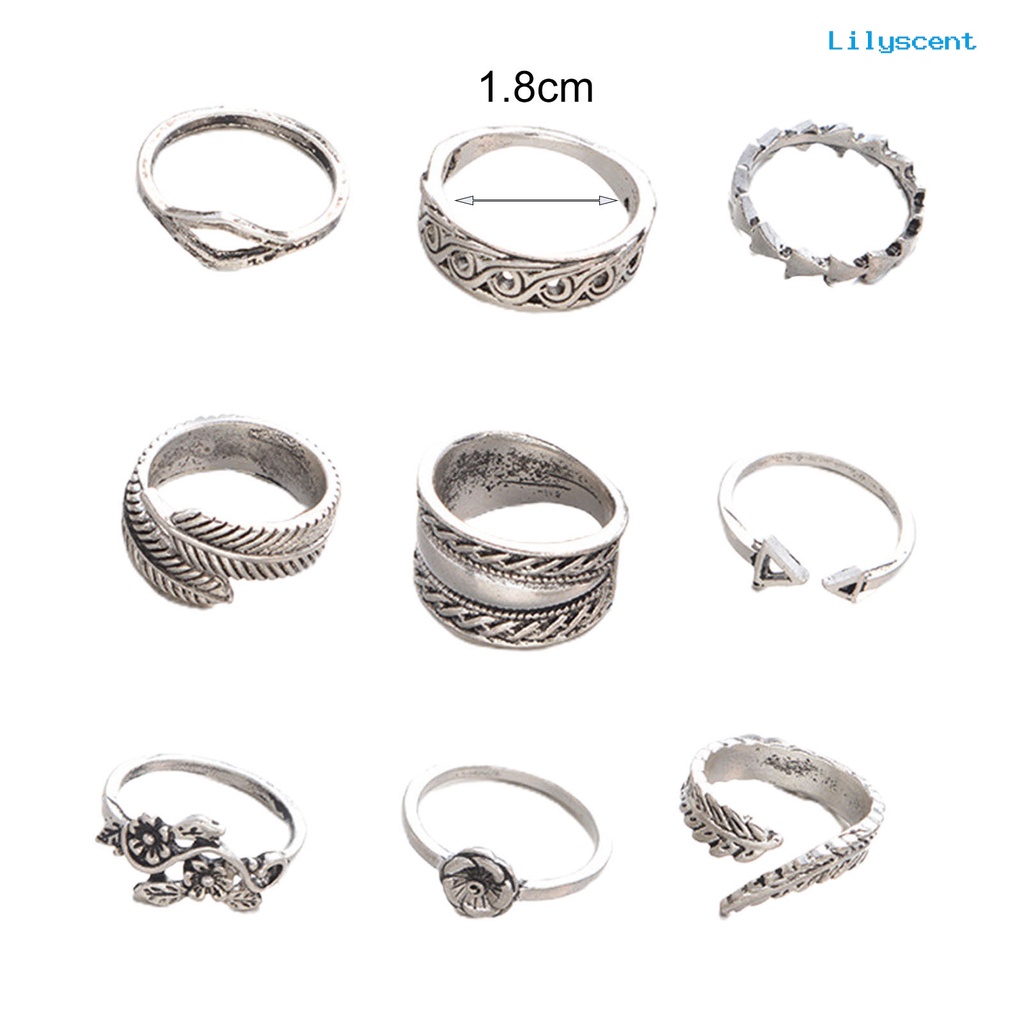 [LS]9Pcs Stackable Knuckle Rings Hollow Keluar Bunga Daun Wanita Vintage Jari Cincin Perhiasan Aksesoris