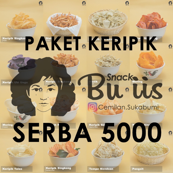 

SNACK BU IIS ANEKA CEMILAN KERIPIK SERBA 5000 5ribu goceng CEMILAN SUKABUMI singkong talas sukun ubi ungu iris bawang kicimpring moring pangsit sistik