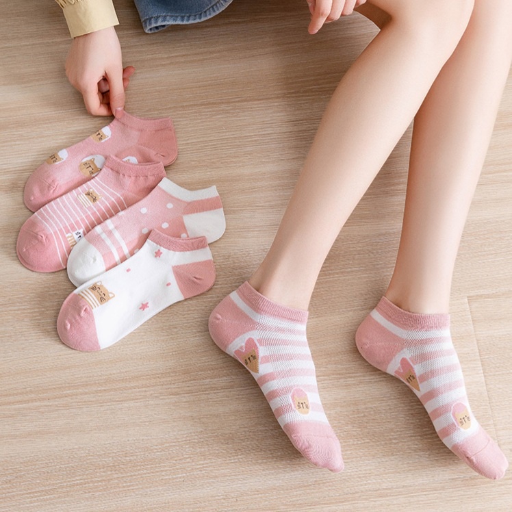 IL - KAOS KAKI PENDEK WANITA LUCU SEMATA KAKI KOREA WARNA SOFT PASTEL PUTIH PINK MUDA PEACH CORAL MOTIF HEWAN KUCING SC46