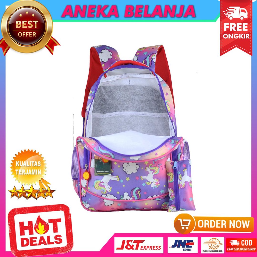 Tas Anak Cewek Korean Stylee Motif Kuda Pony Pink Ungu Ransel Sekolah Anak TK SD Karakter Kitty Gratis Raincover dan Tempat Pensil