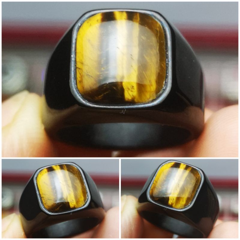 CINCIN BATU AKIK TIGER EYE KOTAK RING TOP ELEGANT BLACK
