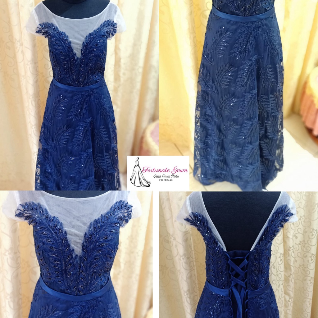 Maxi gown / Gaun pesta navy brukat murah wanita
