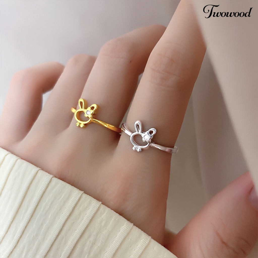 Twowood Wanita Cincin Manis All-match Aksesoris Fashion Open-end Cute Rabbit Flower Rhinestone Ring Untuk Pakaian Sehari-Hari