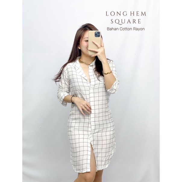 BC Long Hem Square Kemeja Panjang Cewek Wanita Motif Kekinian Fashion Cewek