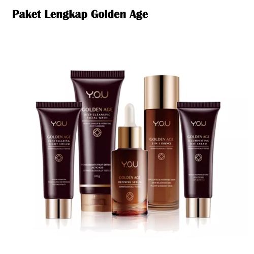 PAKET YOU Golden Age Lengkap Illuminating Day Cream 18ml + Revitalizing Night Cream 18ml + Serum 20ml + Cleanser + 2 in 1 Essence Y.O.U