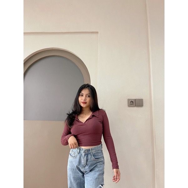 Longsleeve Korea//Baju Atasan Wanita berkerah polo bahan rajut atasan wanita