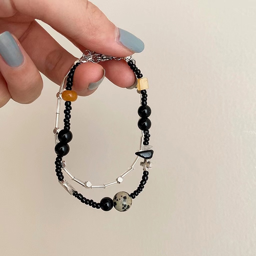 Retro Double Layer Gelang Manik-Manik Hati Untuk Wanita Gadis Ornamen Tangan Batu Keberuntungan