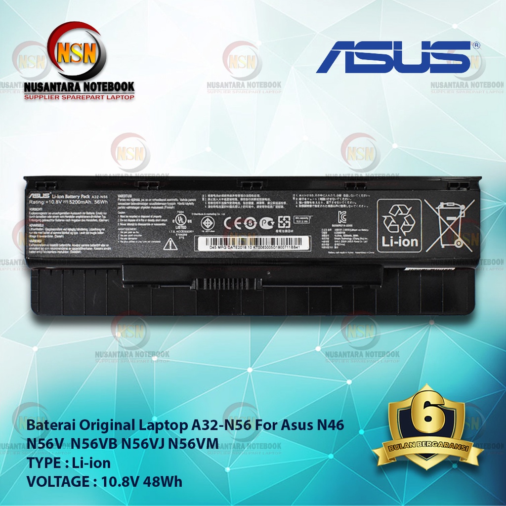 Baterai Laptop Original Asus N46 A32-N56 N56V N56VB N56VJ N56VM N56VZ 10.8V 56Wh