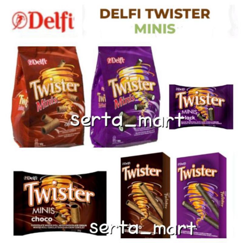 

Twister Minis - Wafer Rolls Chocolate / Black Vanilla Pouch 70gr / 35gr - Delfi Twister