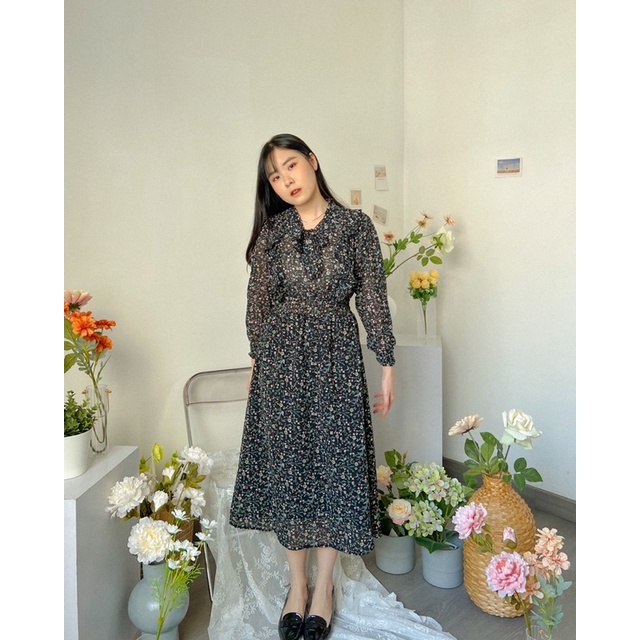 KANON - Kazahana Floral Dress (ada furing) - Dress midi motif bunga vintage korean look