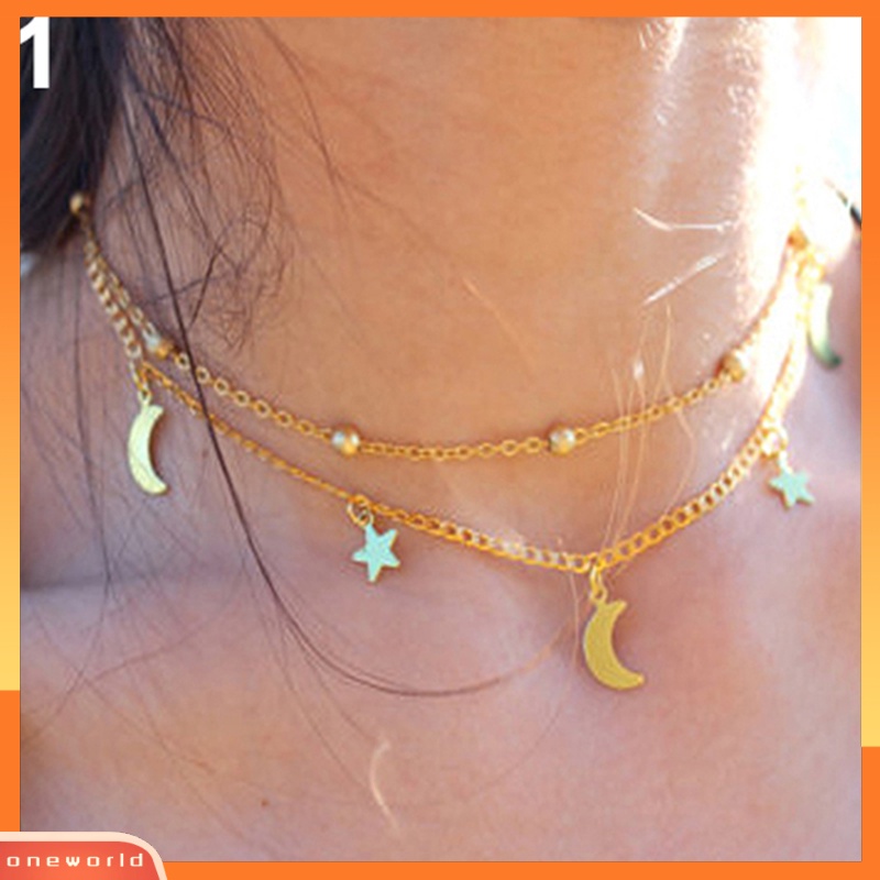 [WONE] Kalung Pendek Dipoles Manik Bintang Sabit Multilayer Sederhana Vintage Wanita