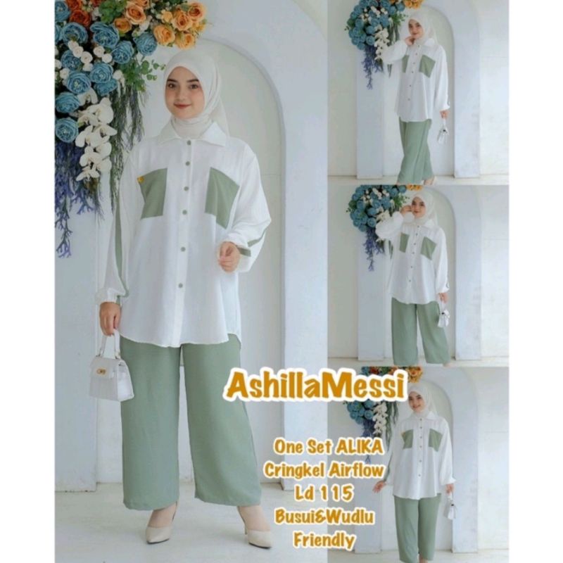[Bisa COD] Ashilla Messi One Set Alika Setelan Crinkle Airflow Terbaru Terlaris Ld 115cm Panjang 65c