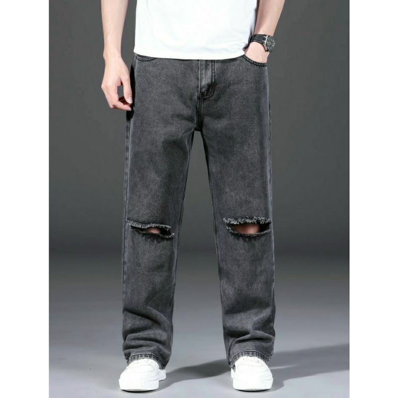 CELANA SOBEK PRIA RIPPED JEANS ROBEK STANDAR BASIC REGULER ABU GREY 27-38