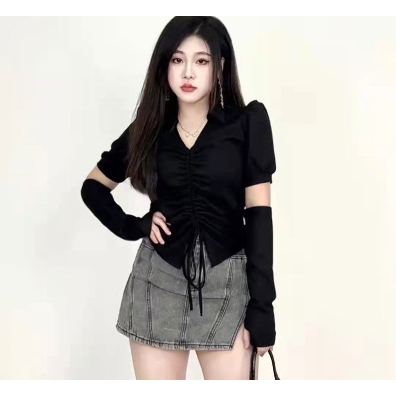 □Suhao Hrstudio -【Stealer】Puff Sleeve Slim Fit Atasan Desain Lipit Serut Irregular