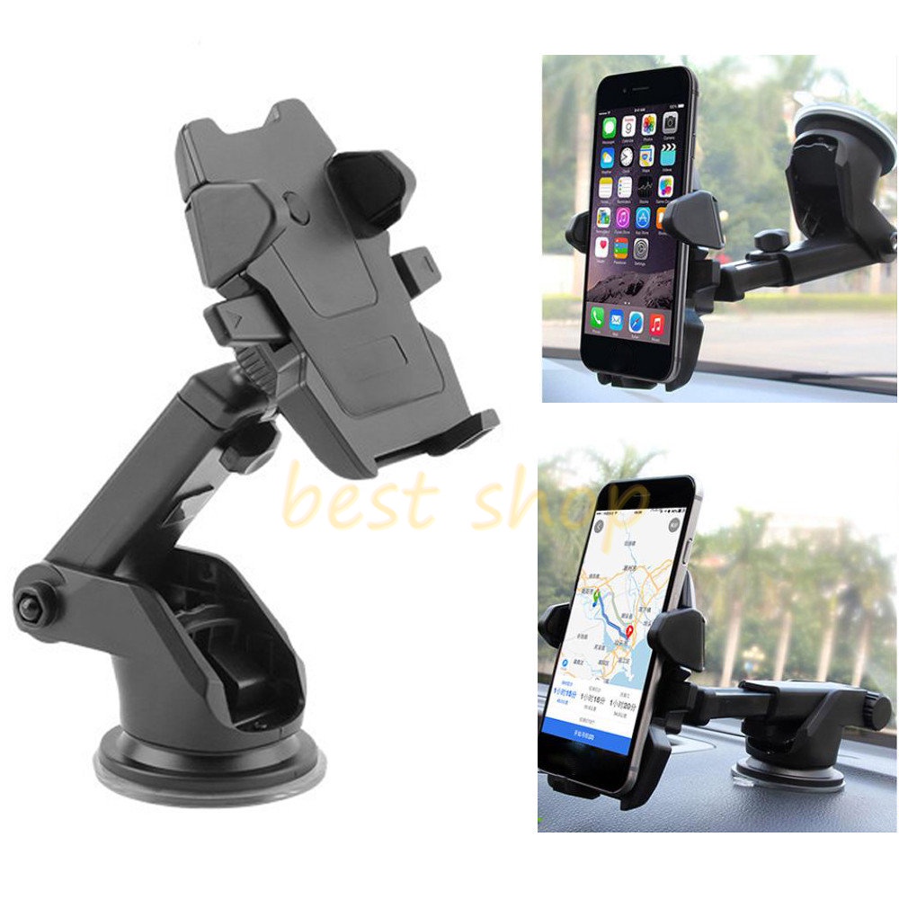 360putar Plastik Silicon Sucker Car Phone Holder Universal Leher Panjang Hitam Dashboard Mobil Berdiri Adjustable Windshield Mobile Mount