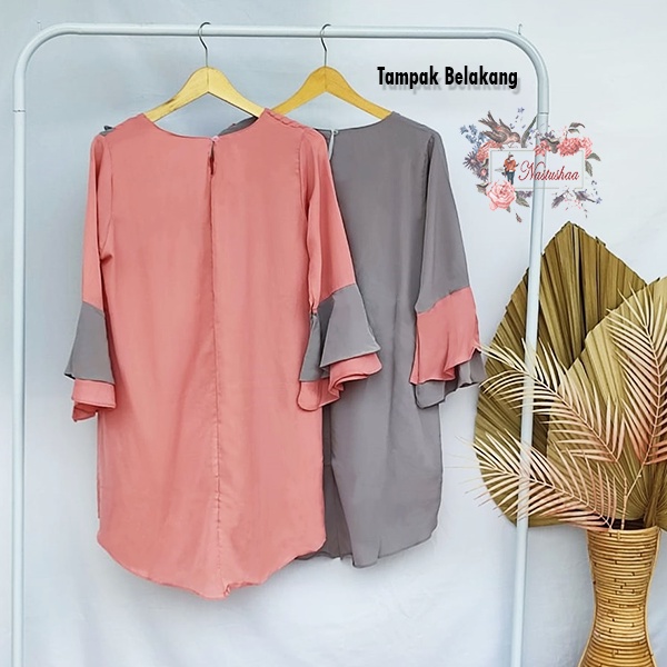 Tunik Wollycrepe Polos / Tunik Wanita Lengan Lonceng Tumpuk / Pakaian Atasan Wanita Lengan Panjang Variasi Rampel Bagian Depan