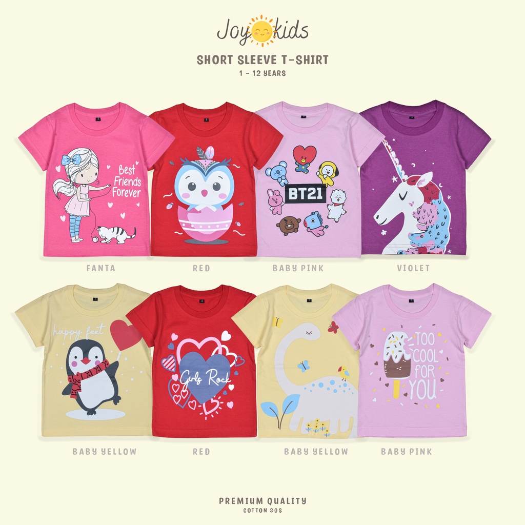 Baju kaos atasan anak perempuan distro premium terbaru dan terlaris usia 1 sampai 12 tahun gambar karakter unicorn, bts, dino, owl, pinguin, ice cream