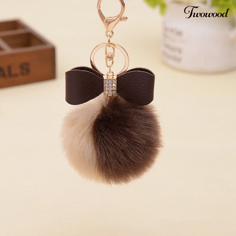 Twowood Faux Rabbit Fur Ball Fluffy Ikatan Simpul Pesona Gantungan Kunci Mobil Handbag Phone Key Ring