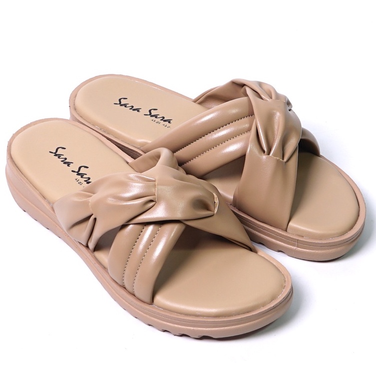 SARASARA YUK - Sandal Wanita Wedges SARA SARA HALLE Sendal Cewek Platform Wegdes Hak Tinggi 4cm Model Silang 2 Size 35 36 37 38 39 40 Pergi Jalan Santai Rumah Slop Warna Smoke Coklat Selop Premium Kekinian Terbaru Shoes ORI Mall Official Store